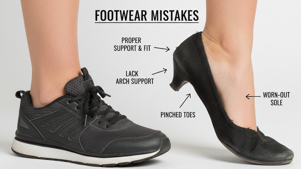 A comparison of proper footwear versus unsupportive shoes, footwear mistakes