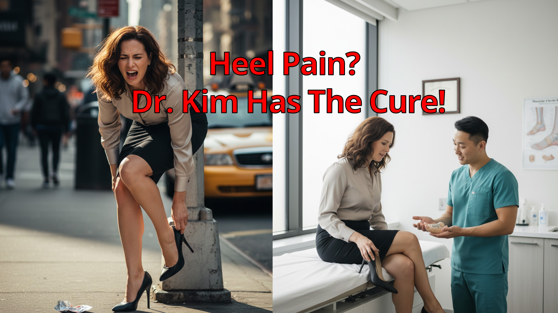 A lady in a dress and heels in pain on the street is being helped by Dr. Dean Kim, a podiatrist in Frisco, in his clinic. This image represents the solution to common footwear mistakes.